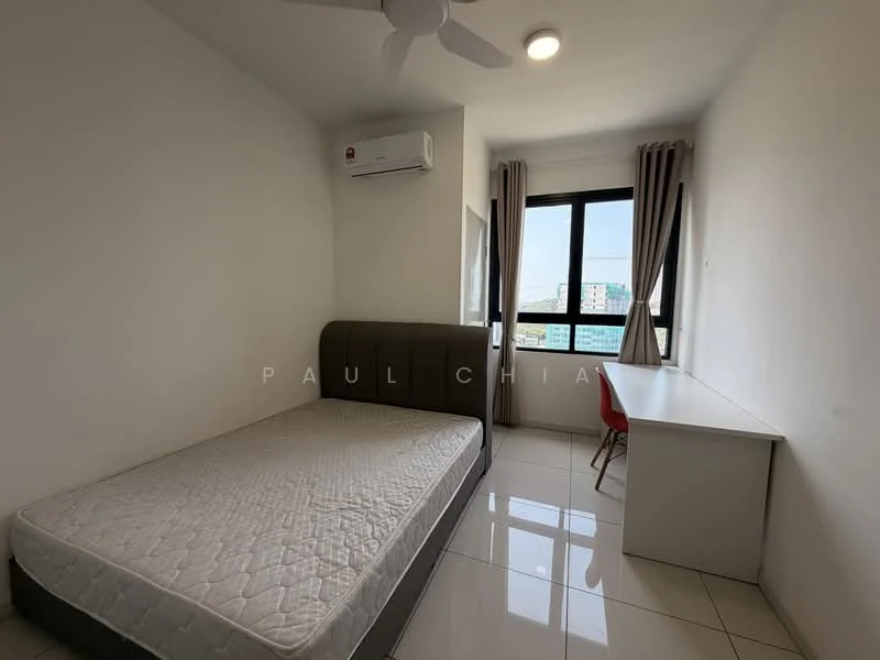 Bedroom features: queen-size bed with upholstered headboard, white painted walls, glossy tile flooring, floor-to-ceiling window, curtains, 1 wall-mounted split AC, ceiling fan, study desk with chair, light fixture; style: modern; view: city.