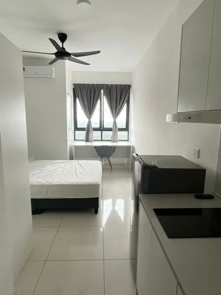 Room features: white painted walls, glossy tile flooring, 5-blade ceiling fan with light, floor-to-ceiling windows, grey curtains, double bed, small dining table, black mini fridge, kitchenette with countertop, built-in kitchen cabinet, stainless-steel sink, electric cooktop; style: modern; view: city.