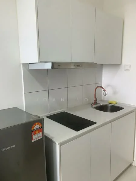 Kitchen features: white cabinetry, marble countertop, single-bowl stainless-steel sink, chrome pull-down faucet, built-in electric cooktop, stainless-steel range hood, white tiled backsplash, refrigerator, open shelving; style: modern.
