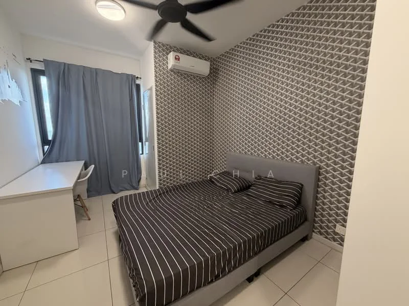 Bedroom features: queen-size bed with grey upholstered frame, striped bedding, wall-mounted air conditioning unit, 5-blade ceiling fan, study desk with white finish, white chair, grey patterned accent wall, light-colored curtains, tile flooring, recessed ceiling light; style: modern.