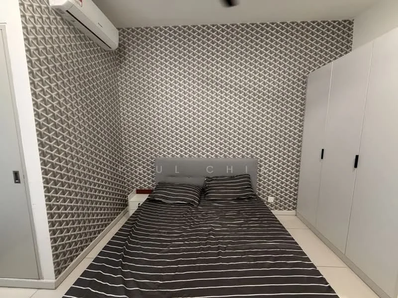 Bedroom features: king-size bed with striped bedding, grey upholstered headboard, built-in wardrobe with sliding doors, geometric patterned wallpaper, white painted walls, tile flooring, 1 wall-mounted split AC, ceiling fan, decorative wall art; style: modern.