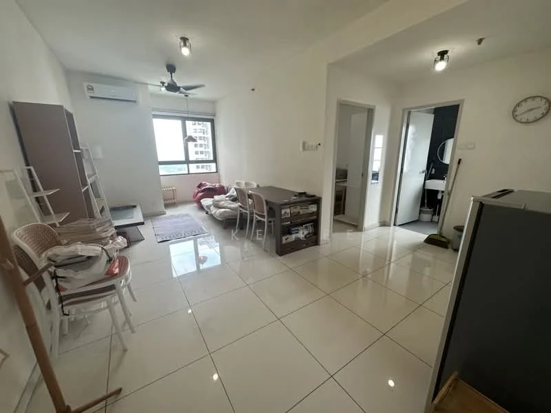 Living features: white painted walls, glossy white tile flooring, 5-blade ceiling fan with light, floor-to-ceiling windows, window with city view, sofa with throw pillows, coffee table, area rug, wall-mounted air conditioning unit, decorative wall clock, open shelving unit, dining table with chairs; style: modern; view: city. Room features: doorway leading to bathroom, doorway leading to bedroom, light fixture.