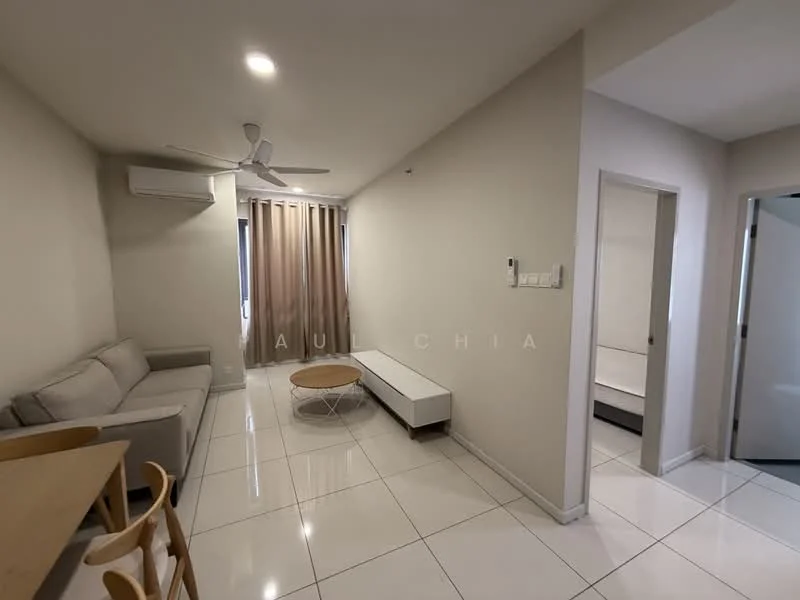 Living features: 3-seater fabric sofa in light grey, round wooden coffee table, dining table with 4 wooden chairs, white TV console, wall-mounted split AC, white tiled flooring, recessed downlights, floor-to-ceiling windows with sheer curtains, light beige painted walls, ceiling fan; style: modern. Room features: white painted walls, white door, light grey flooring.