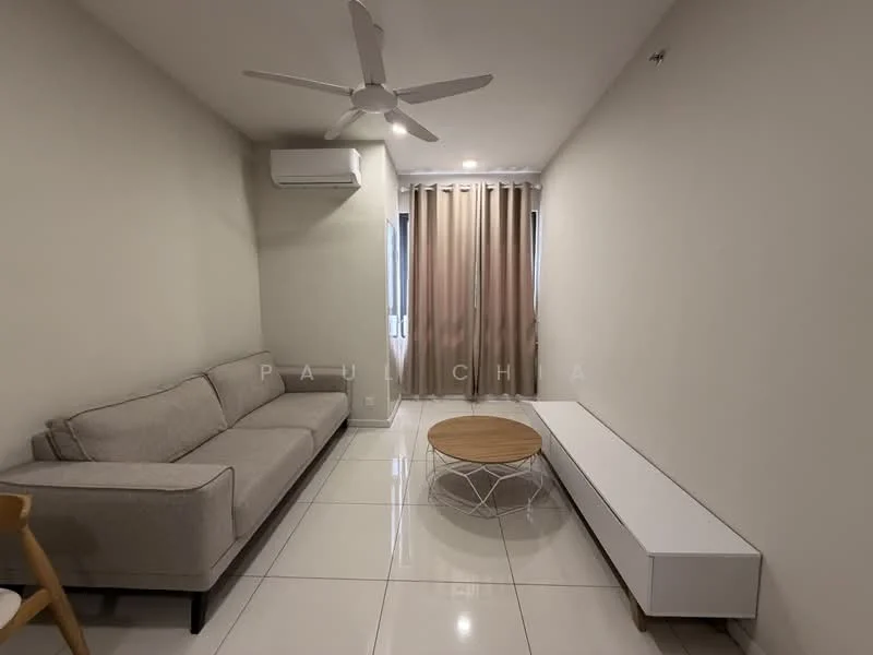 Living features: 3-seater fabric sofa in light grey, round wooden coffee table, white TV console, floor-to-ceiling windows, sheer curtains, wall-mounted split AC, recessed downlights, glossy tile flooring, light grey painted walls, ceiling fan; style: modern.
