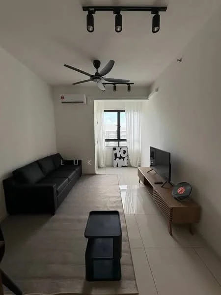Living features: 3-seater fabric sofa in black, coffee table, TV console, wall-mounted TV, area rug, floor-to-ceiling window, sheer curtains, 1 wall-mounted split AC, ceiling fan with light, polished tile flooring, decorative wall art, light fixture with multiple spots; style: modern; view: city.