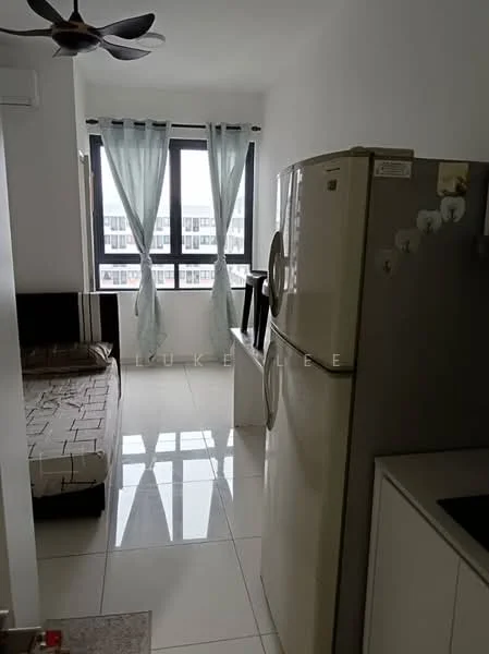 Room features: white painted walls, glossy white tile flooring, floor-to-ceiling windows, sheer curtains, 1 wall-mounted split AC, refrigerator, bed with patterned bedding, small bedside table, ceiling fan; style: modern; view: city.