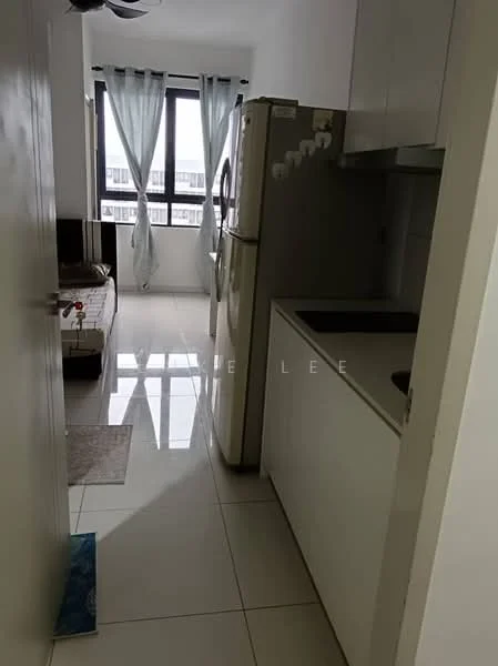 Kitchen features: white cabinetry, stainless-steel fridge, single-bowl stainless-steel sink, chrome pull-down faucet, white countertop, ceramic tile flooring, recessed downlights, window with sheer curtains; style: modern; view: city. Room features: white walls, sliding glass door, floor-to-ceiling windows, light blue curtains.