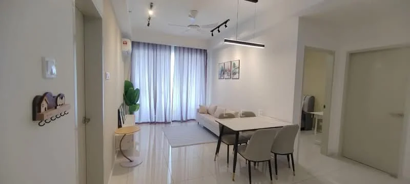 Living features: white painted walls, glossy tile flooring, 5-blade ceiling fan with light, recessed LED downlights, floor-to-ceiling windows with sheer curtains, light grey area rug, 3-seater fabric sofa in beige, round dining table, 4 upholstered dining chairs, decorative wall art, indoor plant in ceramic pot, side table with a light wood finish; style: modern; view: garden.