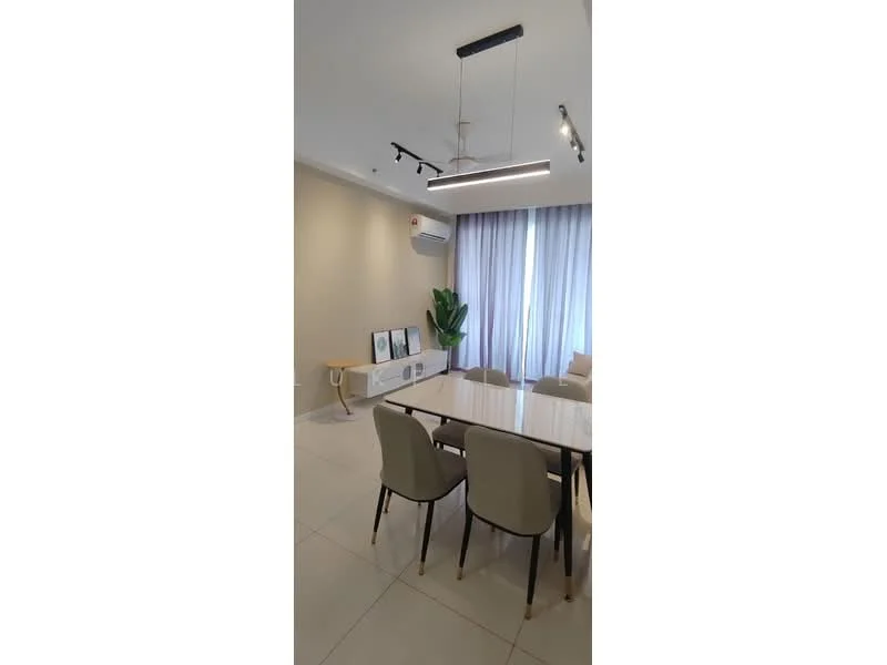 Dining features: rectangular dining table with marble top, 4 upholstered dining chairs, pendant light fixture, 5-blade ceiling fan with light, wall-mounted air conditioning unit, floor-to-ceiling windows with sheer curtains, decorative indoor plant, light beige painted walls, tile flooring; style: modern.