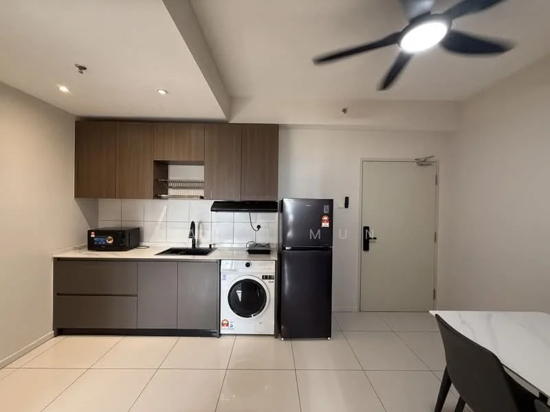 Kitchen features: brown wood cabinetry, white quartz countertop, stainless-steel single-bowl sink, chrome pull-down faucet, built-in microwave, freestanding washing machine, stainless-steel fridge, 4-burner gas hob, black range hood, white tiled backsplash, recessed downlights, ceiling fan; style: modern.