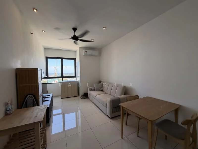 Living features: 3-seater fabric sofa in light grey, wooden coffee table, wooden dining table with 2 chairs, floor-to-ceiling window, white painted walls, glossy tile flooring, 1 wall-mounted split AC, ceiling fan, decorative shelving unit, view of city skyline; style: modern; view: city.