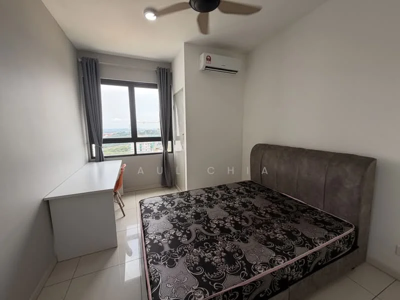 Bedroom features: queen-size bed with upholstered headboard, study desk, chair, floor-to-ceiling window, curtains, wall-mounted split AC, light-colored painted walls, glossy tile flooring, ceiling fan; style: modern; view: city.