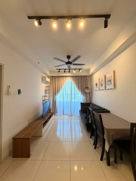 Living features: white painted walls, glossy tile flooring, 5-blade ceiling fan with light, recessed LED downlights, floor-to-ceiling windows, sheer curtains, black leather sofa, wooden dining table, black dining chairs, TV console, wall-mounted TV, decorative wall art; style: modern; view: city.