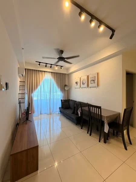Living features: 3-seater fabric sofa in dark grey, wooden TV console, wall-mounted TV, dining table for 6 with wooden chairs, recessed LED downlights, 5-blade ceiling fan, floor-to-ceiling windows with sheer curtains, white painted walls, glossy ceramic tile flooring, decorative wall art; style: modern; view: city.