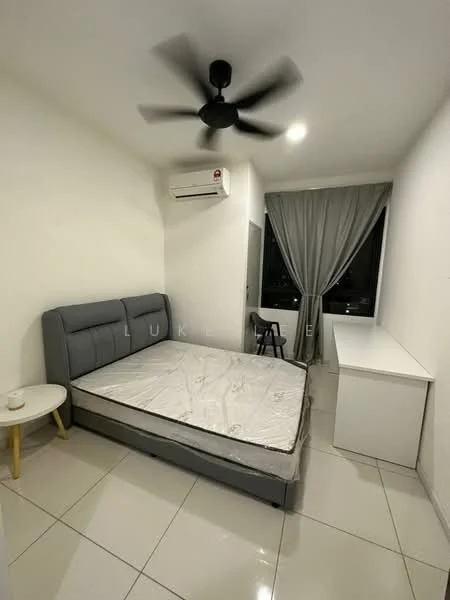 Bedroom features: queen-size bed, upholstered headboard, white walls, white ceiling, 5-blade ceiling fan, wall-mounted split AC, floor-to-ceiling window, sheer curtains, white desk, white side table, glossy tile flooring; style: modern.