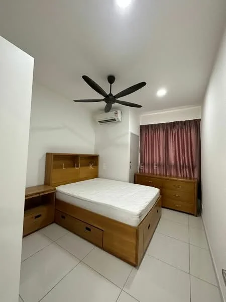 Bedroom features: queen-size bed, wooden bed frame with storage drawers, 2 wooden bedside tables, built-in wardrobe, ceiling fan with light, white painted walls, tile flooring, curtains in pink, wall-mounted split AC; style: modern.