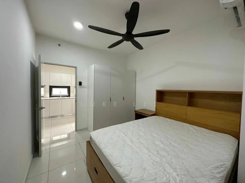Bedroom features: queen-size bed, wood headboard, white bedding, built-in wardrobe, ceiling fan, white painted walls, glossy tile flooring, window with curtain, nightstand, light switch, air conditioning unit; style: modern.