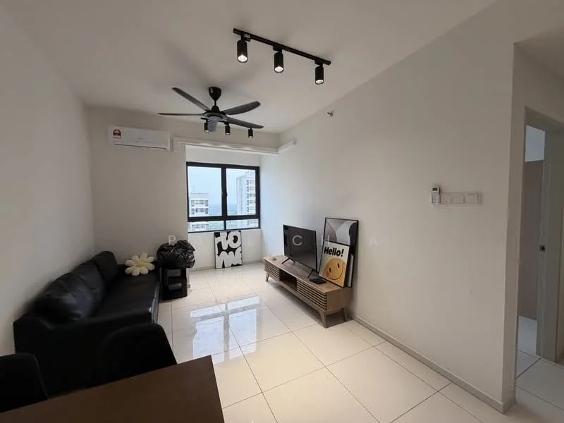 Living features: white painted walls, polished ceramic tile flooring, 5-blade ceiling fan with light, floor-to-ceiling windows, black leather sofa, wooden TV console, wall-mounted TV, decorative artwork, dining table with black chairs, air conditioning unit; style: modern; view: city.