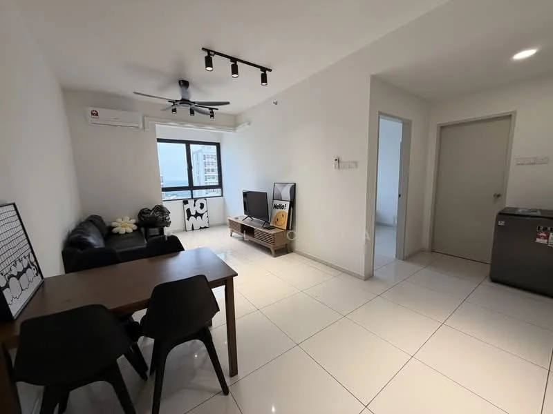 Living features: white painted walls, polished ceramic tile flooring, 5-blade ceiling fan with light, floor-to-ceiling window, black TV console, wall-mounted TV, coffee table, dining table with 4 black chairs, air conditioning unit, decorative wall art; style: modern; view: city.