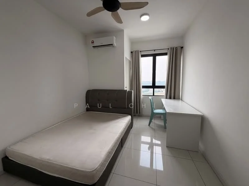 Bedroom features: queen-size bed frame without mattress, white painted walls, glossy tile flooring, 5-blade ceiling fan, wall-mounted split AC, floor-to-ceiling window, curtains, study desk, plastic chair; style: modern; view: city.