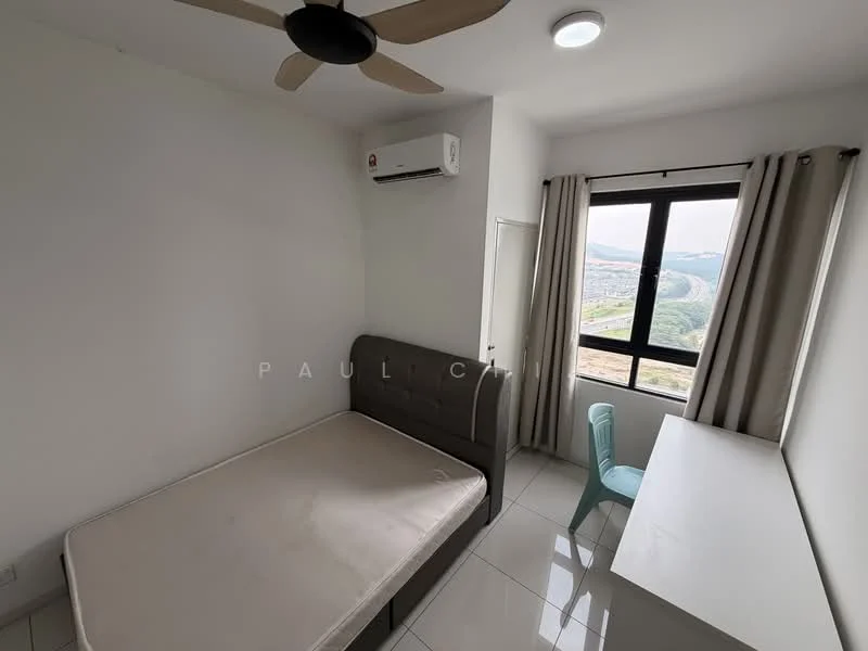 Bedroom features: white painted walls, glossy tile flooring, 5-blade ceiling fan, wall-mounted split AC, floor-to-ceiling window, curtains, single bed frame, study desk, plastic chair; style: modern; view: mountain.