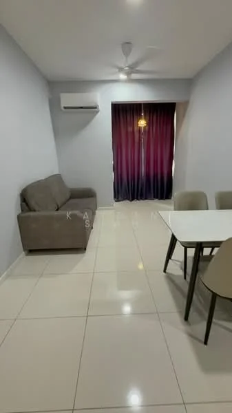 Living features: 3-seater fabric sofa in grey, dining table with white top, 4 dining chairs in beige, wall-mounted split AC, 5-blade ceiling fan, large window with sheer curtains, dark red curtains, glossy tile flooring, neutral painted walls, decorative pendant light; style: modern.