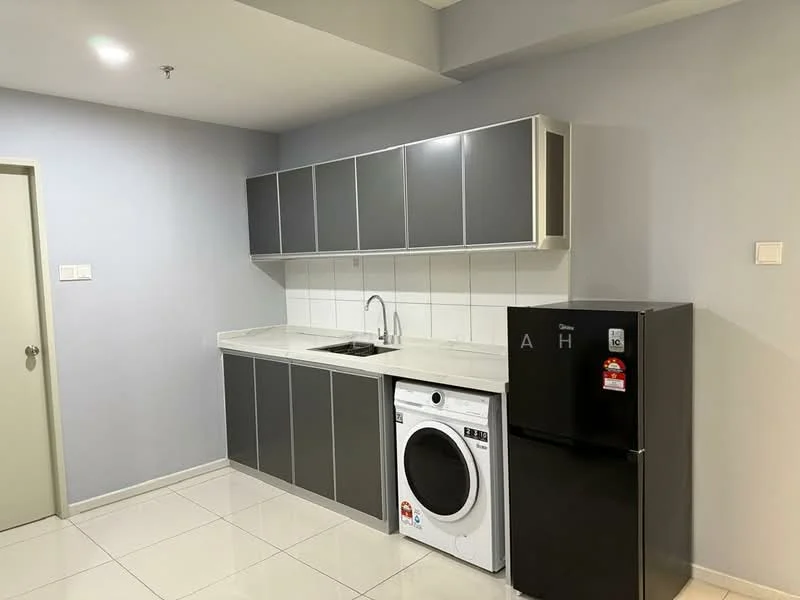 Kitchen features: grey flat-panel cabinets, white countertop, white tiled backsplash, single-bowl stainless-steel sink, chrome pull-down faucet, built-in washing machine, black refrigerator, ceramic tile flooring, recessed downlights, light grey painted walls; style: modern.
