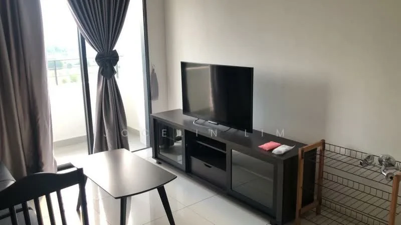 Living features: floor-to-ceiling windows, grey curtains, black TV console, flat-screen TV, black dining table, black dining chairs, white tiled flooring, wall-mounted decor, pet crate; style: modern; view: city.