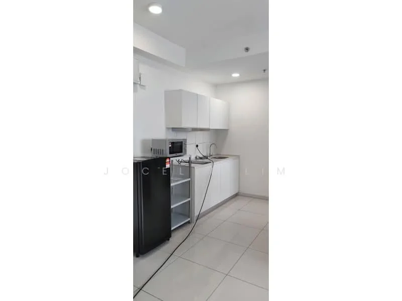 Kitchen features: white cabinetry, stainless-steel sink, chrome pull-down faucet, built-in microwave, freestanding fridge, countertop with backsplash, ceramic tile flooring, recessed downlights; style: modern.