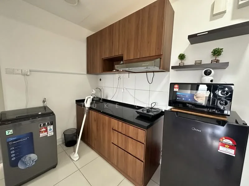 Kitchen features: brown wooden cabinetry, black granite countertop, stainless-steel sink, built-in stove with exhaust hood, microwave oven, black refrigerator, washing machine, white wall tiles, ceramic floor tiles, open shelving, kitchen utensils on shelf, trash bin; style: modern.