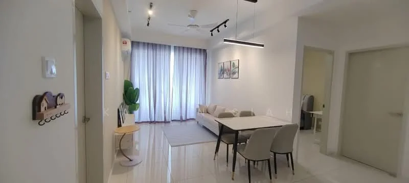 Living features: white painted walls, glossy tile flooring, 5-blade ceiling fan with light, recessed LED downlights, floor-to-ceiling windows with sheer curtains, light grey area rug, 3-seater fabric sofa in beige, round dining table, 4 upholstered dining chairs, decorative wall art, indoor plant in ceramic pot; style: modern.