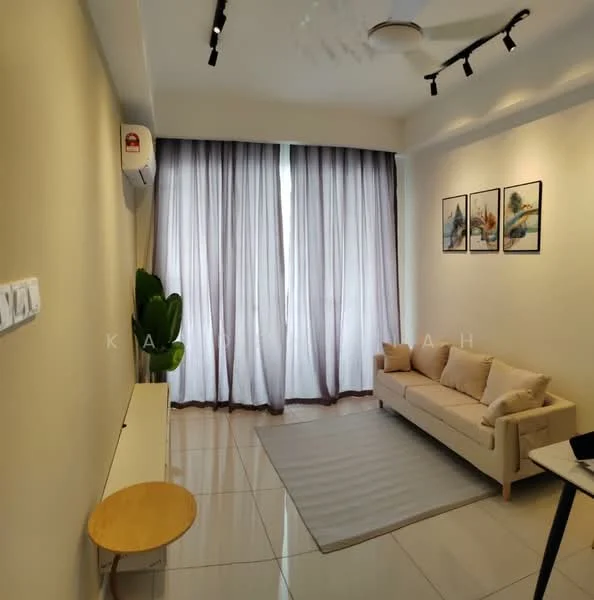 Living features: white painted walls, glossy tile flooring, 5-blade ceiling fan with light, floor-to-ceiling windows, sheer curtains, light grey area rug, beige fabric sofa, wooden side table, decorative wall art; style: modern.