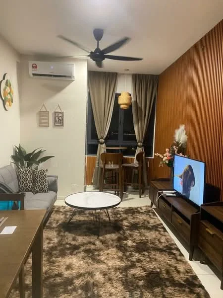 Living features: 3-seater fabric sofa in grey, round coffee table with white top, TV console with wooden finish, wall-mounted TV, area rug with geometric pattern, floor-to-ceiling windows, curtains in beige, ceiling fan with light, decorative wall paneling in wood, houseplants in ceramic pots, framed artwork on wall; style: modern; view: city.