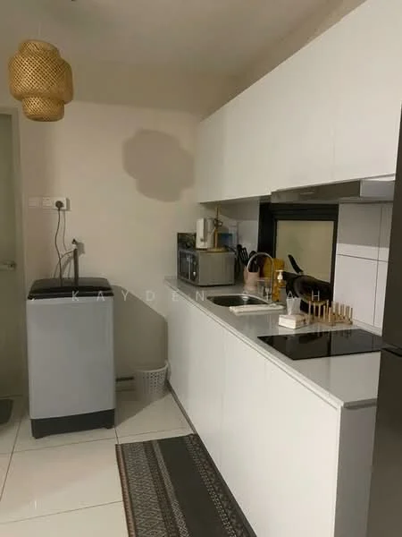 Kitchen features: white cabinetry, black countertop, built-in microwave, stainless-steel fridge, 4-burner electric hob, single-bowl stainless-steel sink, chrome pull-down faucet, washing machine, pendant light, tile backsplash, white tiled flooring, kitchen utensils, decorative wooden tray; style: modern.