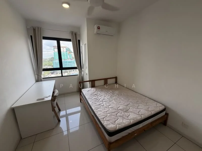 Bedroom features: queen-size bed, wooden bed frame, mattress, desk with chair, floor-to-ceiling window, white painted walls, white ceiling, recessed ceiling light, wall-mounted split AC, glossy tile flooring; style: modern; view: city.