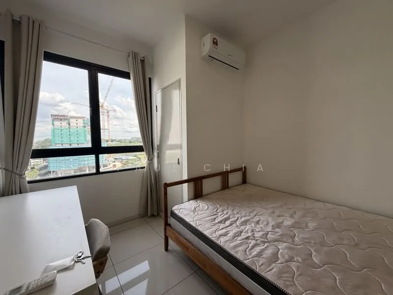 Bedroom features: single bed, white painted walls, white tiled flooring, floor-to-ceiling windows, curtains, wall-mounted split AC, study desk, wooden bed frame; style: modern; view: city.