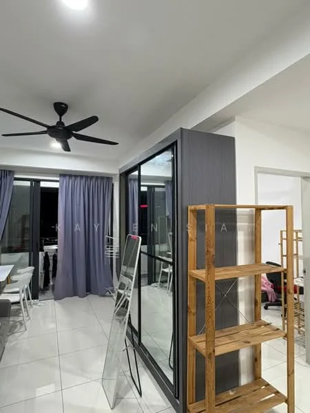 Room features: white walls, grey accent wall, sliding glass door, floor-to-ceiling windows, sheer curtains, 5-blade ceiling fan, tile flooring, full-length mirror, wooden shelving unit, dining table with chairs, open layout; style: modern.