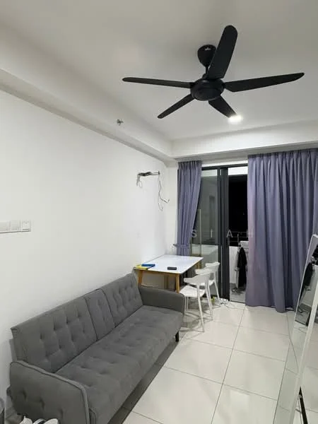 Living features: grey fabric sofa, 5-blade ceiling fan in black, white painted walls, white tile flooring, floor-to-ceiling windows, grey curtains, dining table with chairs, wall-mounted TV bracket; style: modern.