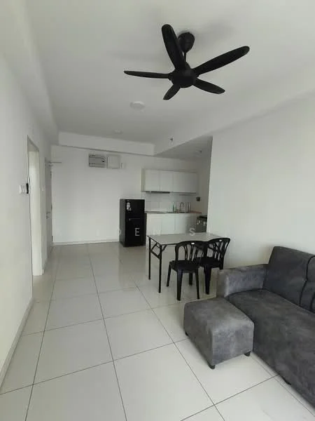 Living features: grey fabric sofa, 4-seater dining table, black dining chairs, black fridge, white cabinetry, white countertop, ceramic tile flooring, ceiling fan with 5 blades, wall-mounted split AC, recessed lighting, open layout, large windows, neutral wall color; style: modern.