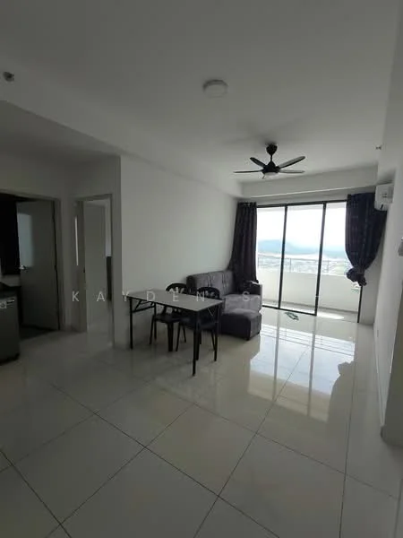 Living features: grey fabric sofa, black dining table with four chairs, floor-to-ceiling windows, white painted walls, glossy white tile flooring, ceiling fan, curtains, city view; style: modern; view: city.