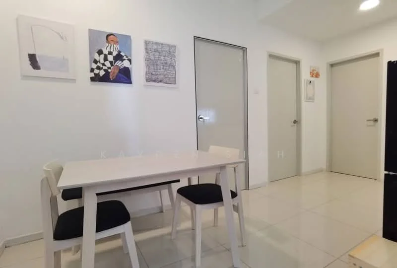 Dining features: white dining table, 4 white chairs with black cushions, framed artwork on walls, white painted walls, glossy tile flooring, doorway leading to hallway, door leading to another room, recessed ceiling lights; style: modern. Room features: white painted walls, glossy tile flooring, door leading to hallway, door leading to another room.