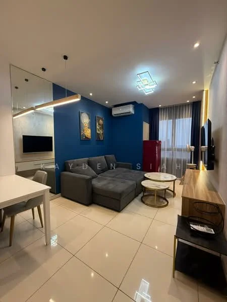 Living features: grey sectional sofa, round coffee table, wall-mounted TV, TV console, white dining table with four chairs, air conditioning unit, floor-to-ceiling windows with sheer curtains, blue accent wall, white ceiling with recessed lighting, polished ceramic tile flooring, decorative wall art; style: modern.