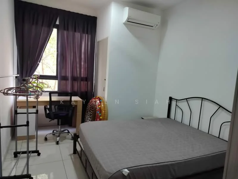 Bedroom features: queen-size bed, black metal bed frame, white painted walls, glossy tile flooring, floor-to-ceiling window, blackout curtains, 1 wall-mounted split AC, study desk with chair, clothes rack, decorative wall hanging; style: modern.