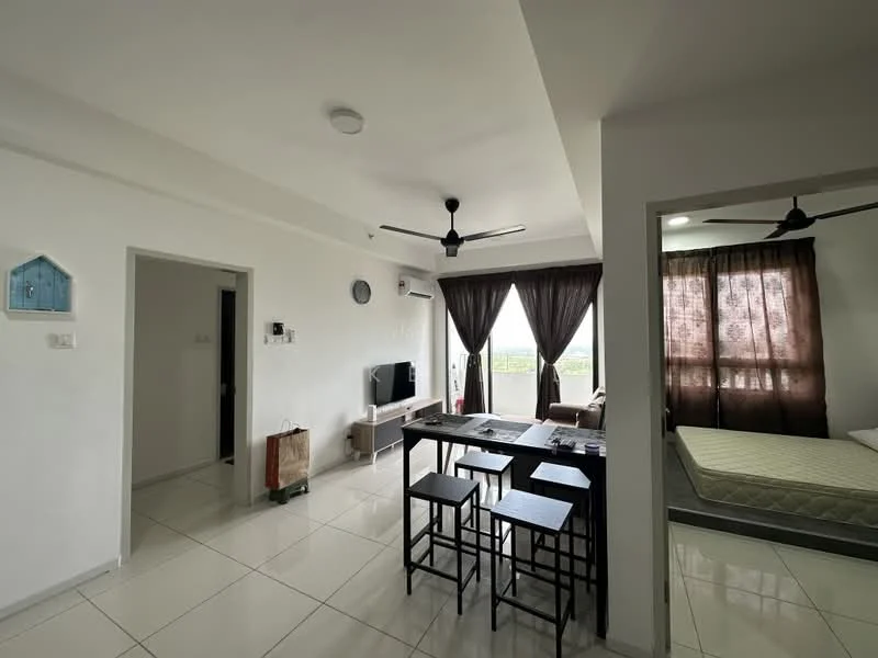 Living features: white painted walls, glossy tile flooring, 5-blade ceiling fan with light, wall-mounted TV, dining table with four stools, large window with sheer curtains, sofa bed, air conditioning unit; style: modern; view: city. Bedroom features: white painted walls, glossy tile flooring, queen-size bed, large window with brown curtains, ceiling fan, mattress on bed frame; style: modern; view: city. Room features: doorway leading to hallway, doorway leading to bedroom.