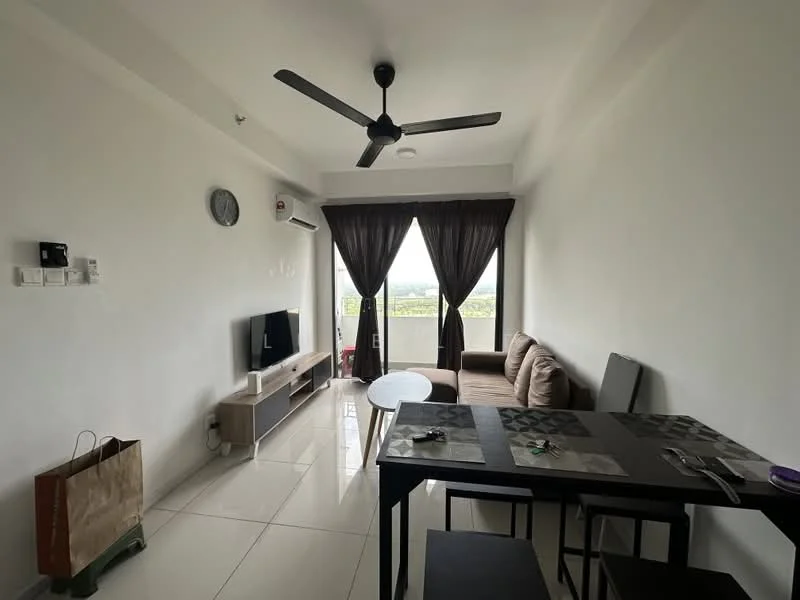 Living features: 3-seater fabric sofa in beige, wall-mounted TV, TV console in light wood, ceiling fan with light, floor-to-ceiling windows, blackout curtains, white painted walls, glossy tile flooring, dining table with 4 chairs, decorative wall clock, air conditioning unit; style: modern; view: garden.