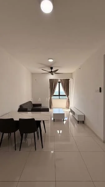 Living features: white painted walls, glossy tile flooring, 5-blade ceiling fan with light, sofa in grey, coffee table, TV console, floor-to-ceiling window, sheer curtains, dining table with 4 chairs, decorative wall, LED ceiling light; style: modern; view: city.