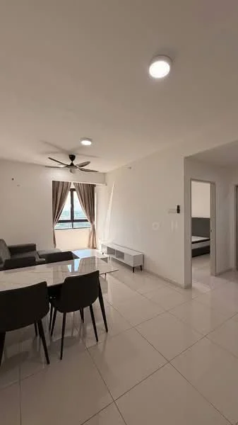 Living features: white painted walls, glossy tile flooring, 5-blade ceiling fan with light, recessed downlights, floor-to-ceiling window, sheer curtains, sofa in dark grey, dining table with 4 black chairs, TV console, decorative wall art; style: modern; view: city.