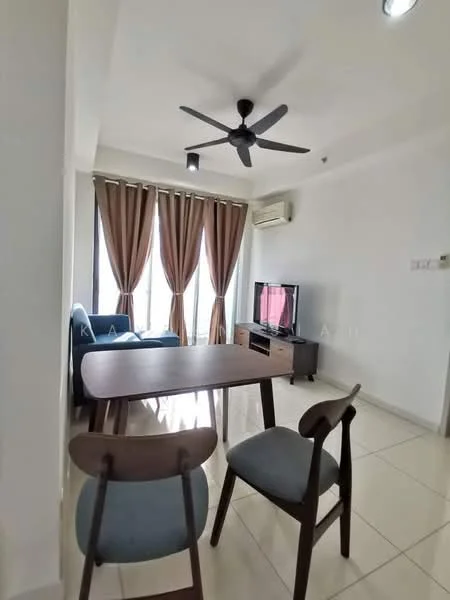 Living features: 5-blade ceiling fan with light, floor-to-ceiling windows, sheer curtains, TV console, wall-mounted TV, dining table, wooden dining chairs, upholstered sofa in blue, tile flooring, air conditioning unit; style: modern; view: city.