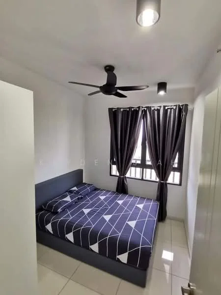 Bedroom features: queen-size bed with patterned bedding, 2 bedside lamps, ceiling fan with 3 blades, floor-to-ceiling windows, blackout curtains, white painted walls, glossy tile flooring, built-in wardrobe with sliding doors; style: modern.
