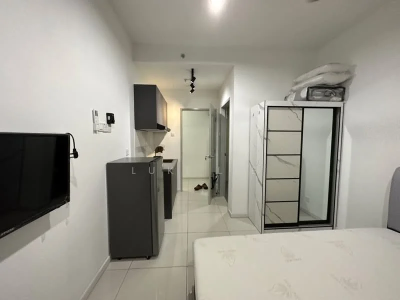 Room features: white painted walls, tile flooring, recessed downlights, wall-mounted TV, fridge, built-in wardrobe with mirrored doors, single bed with mattress, kitchenette with cabinets, doorway leading to another room; style: modern.
